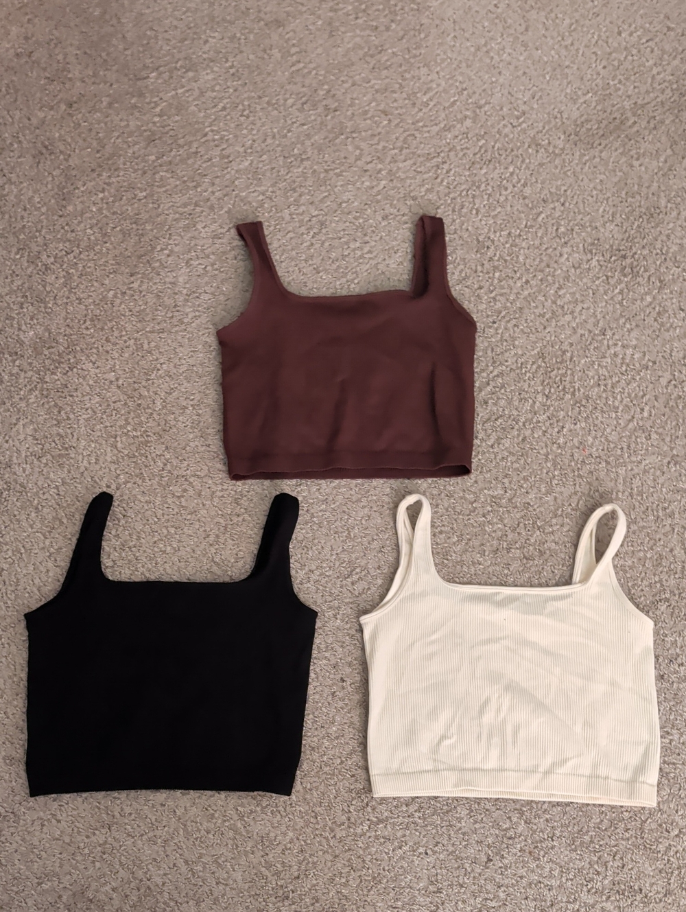 Ardene Ribbed Square Neck Crop Tank Trio - Brown, Black & White
